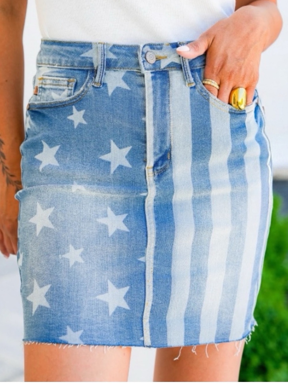 Judy Blue Stars and Stripes Americana Bleached Raw Hem Stretchy Denim Skirt 2X